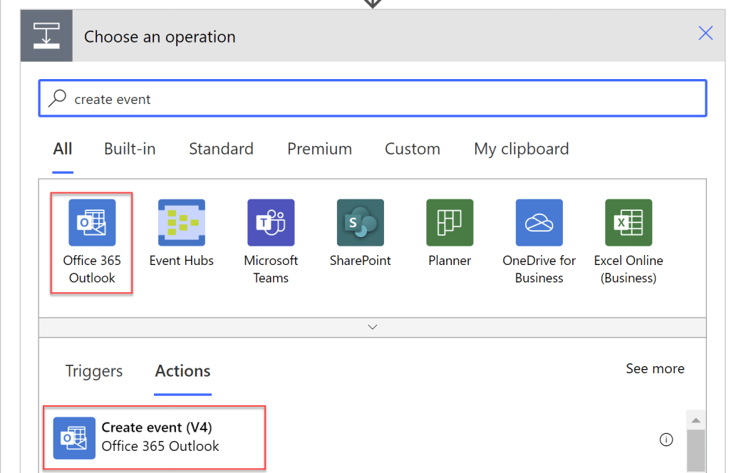 An image showing the Office 365 Outlook connector with the Create Event action.