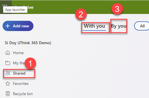A screenshot showing Microsoft One Drive in Microsoft 365 to see the files that have been shared with you and by you.
