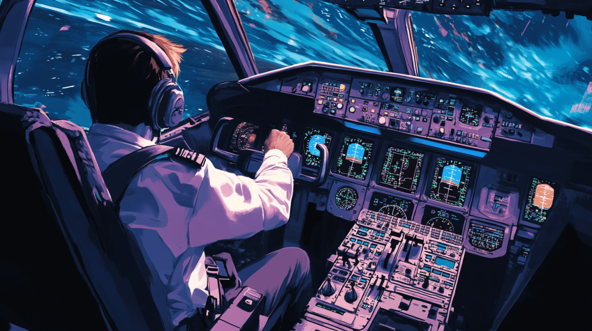 An illustration of an airplane being flown from the position of the cockpit.