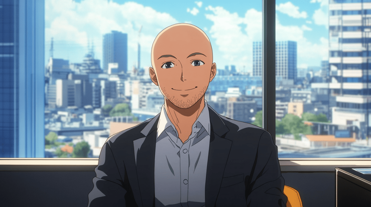 an anime character who has a slight beard and no hair, he is slim. He is happy because he has just solved the problem. The character is detailed and they are sat in a corner office. Behind the is a city scape scene.