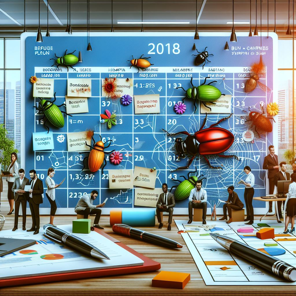A set of plans, gantt charts with bugs all over them. Some of the bugs have been squashed.