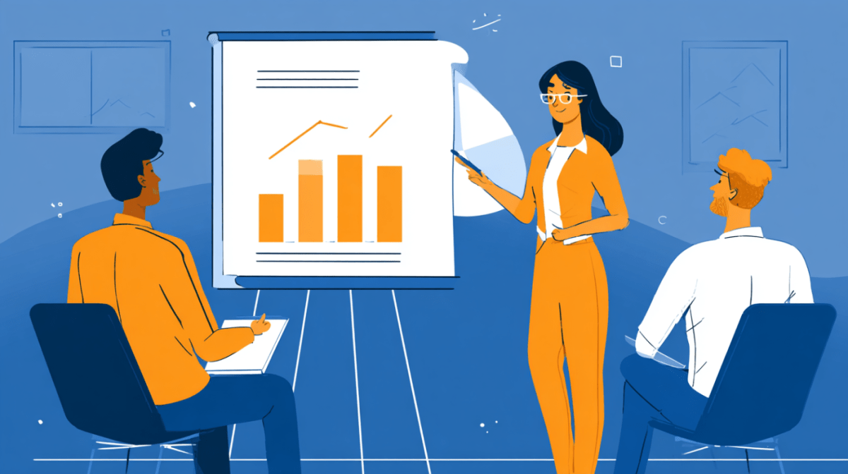 This image is an illustration of a leader sharing some information with their team.