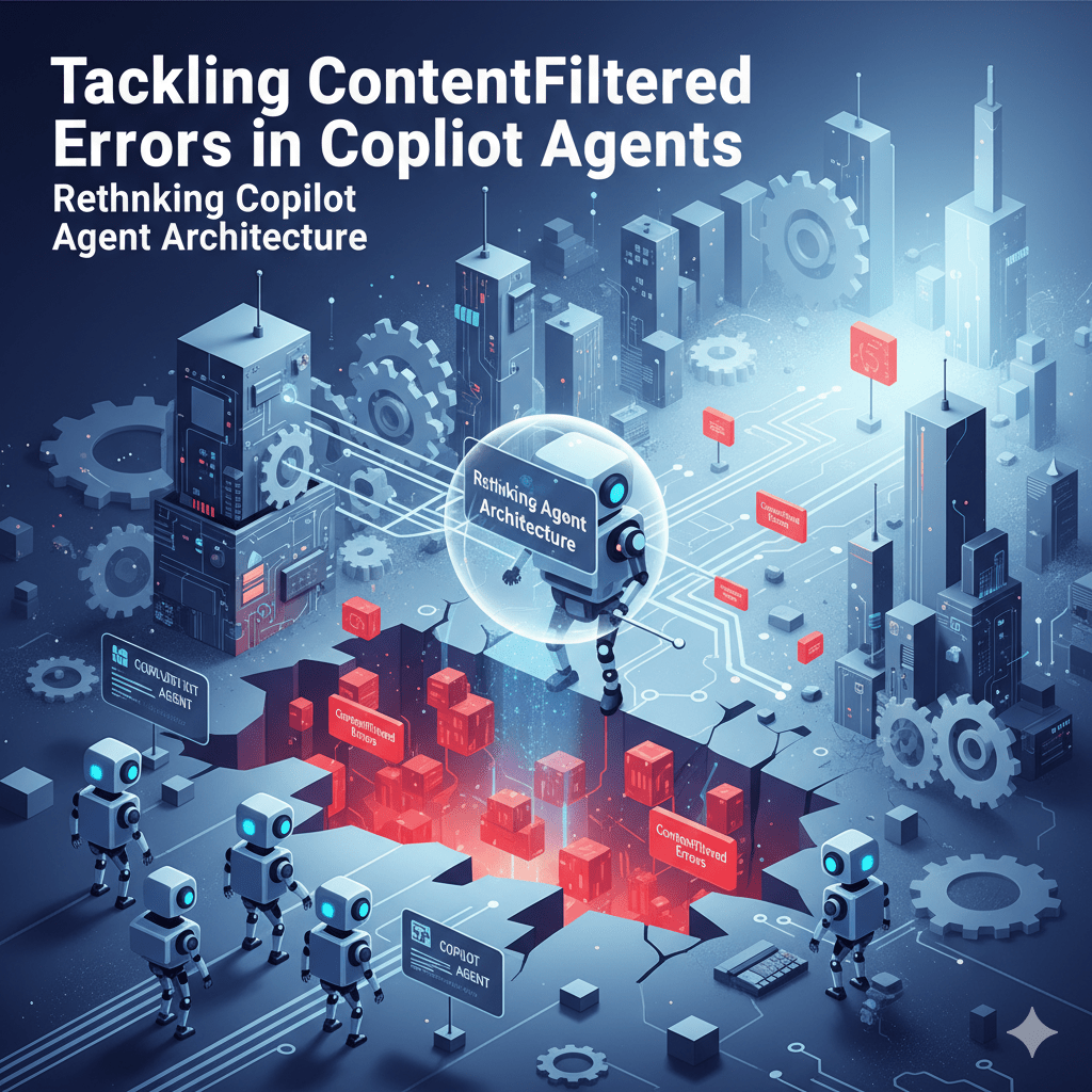 Gemini generated image that shows the title of the blog post Tackling Content Filtered Errors in Copilot Agents. It should a robot picking up an agent as thought to rearchitect the Copilot Agent.