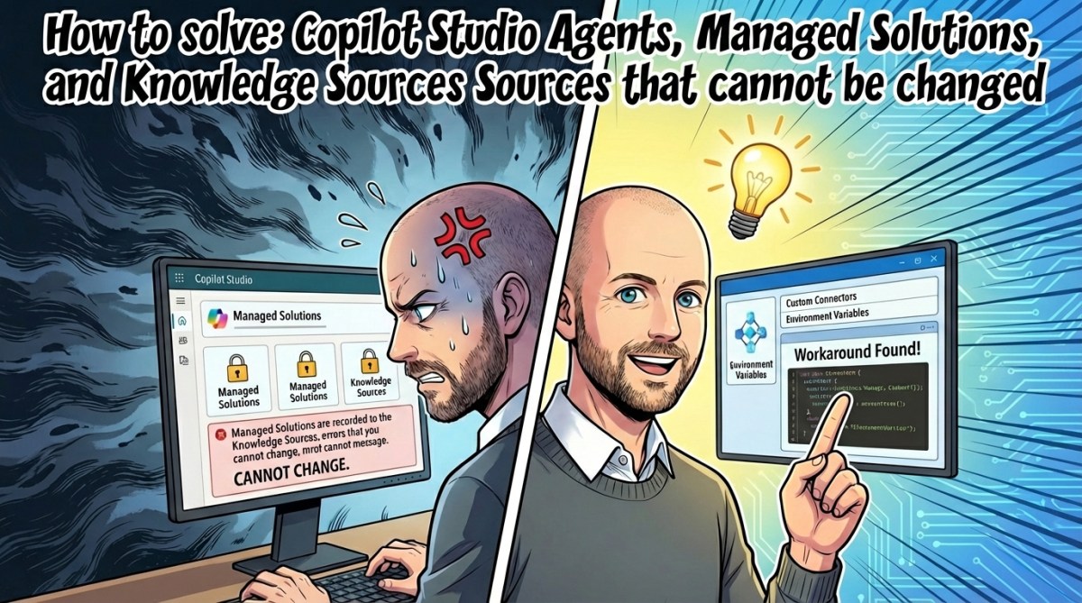AI generated with the prompt please create an image which has the title "How to solve: Copilot Studio Agents, Managed Solutions, and Knowledge Sources that you cannot change" The image is for a blog post and is related to development, Copilot Studio, configuration that cannot be changed, frustration and then enlightenment for the developer. If you could feature me as a manga character that would be great. here is my photo.