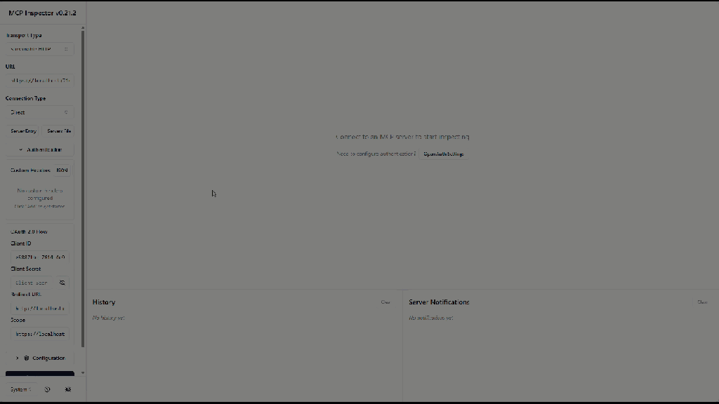 An animated gif showing the process of authenticating MCP Inspector to the Entra ID Backed MCP Server.
The result is an access token which can be used to authenticate with the MCP Serve.r