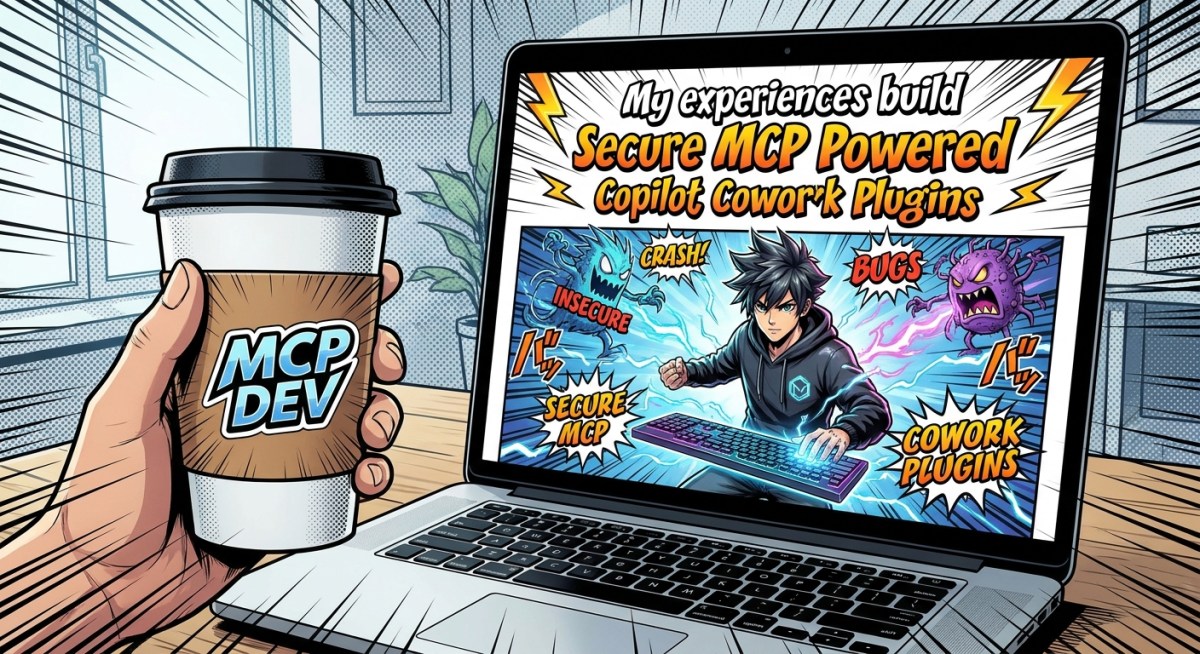 A manga themed image with a coffee cup saying MCP dev and a blog post within a laptop title with the blog post.