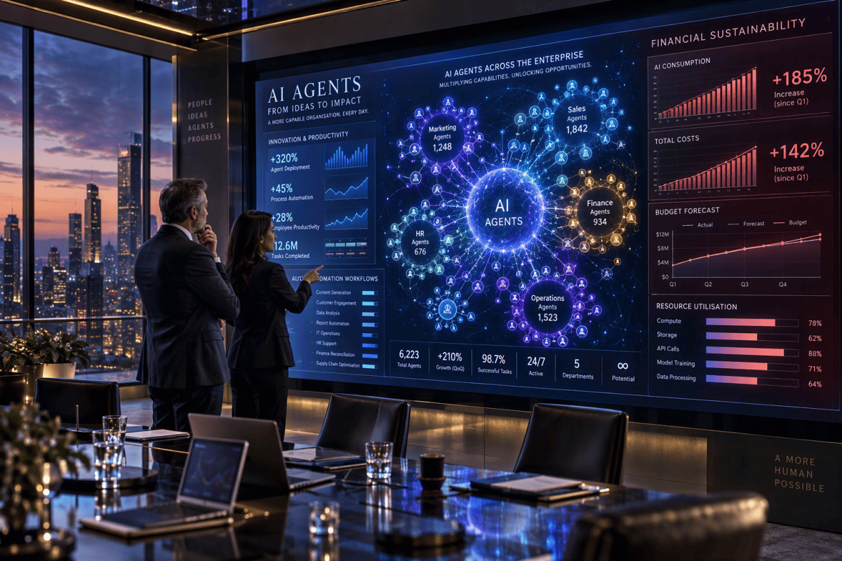 Photorealistic executive boardroom at dusk, floor-to-ceiling glass overlooking a modern city skyline, two senior business leaders standing in front of a massive digital operations wall displaying hundreds of interconnected AI agents spreading across departments, glowing network visualisation showing marketing, sales, finance, HR and operations agents multiplying rapidly across the organisation. On the left side of the screen, innovation metrics, automation workflows and productivity indicators glow in cool blue tones. On the right side, financial dashboards show rising consumption, increasing costs, budget forecasts and resource utilisation in subtle red and amber tones. The executives are studying the display together, one focused on growth and innovation, the other focused on financial sustainability. The giant screen dominates the scene. The atmosphere feels like a critical strategic discussion about the future of AI. Premium enterprise technology aesthetic, Microsoft-inspired design language, cinematic lighting, blue and purple AI glow, ultra realistic corporate photography, shallow depth of field, highly detailed, Fortune 500 boardroom, dramatic but professional, magazine cover quality, visual storytelling, no cartoon style, no empty space, no logos, no watermarks, no stock photo appearance, sophisticated and believable.